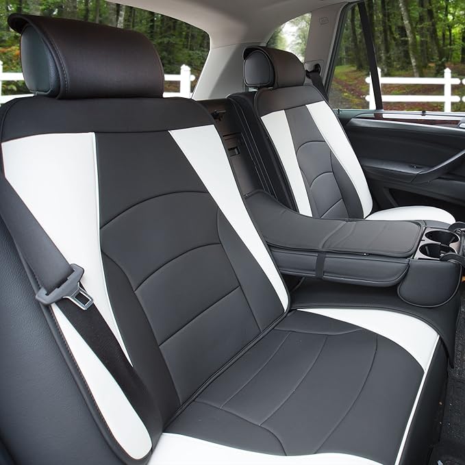 FH Group Car Seat Cover for Back Seat White Black Faux Leather - Universal Fit, Rear Seat Covers for Cars with Rear Split Bench, Car Seat Cushions, Car Interior Accessories for SUV, Sedan, Van
