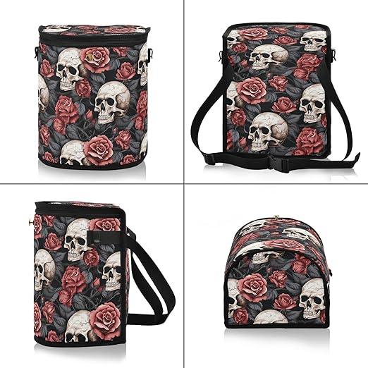MNSRUU Car Trash Can with Lid, Gothic Skull and Flower Car Trash Bag Hanging Organizers and Storage for Front Back Seat, Leak-Proof Trash Bin