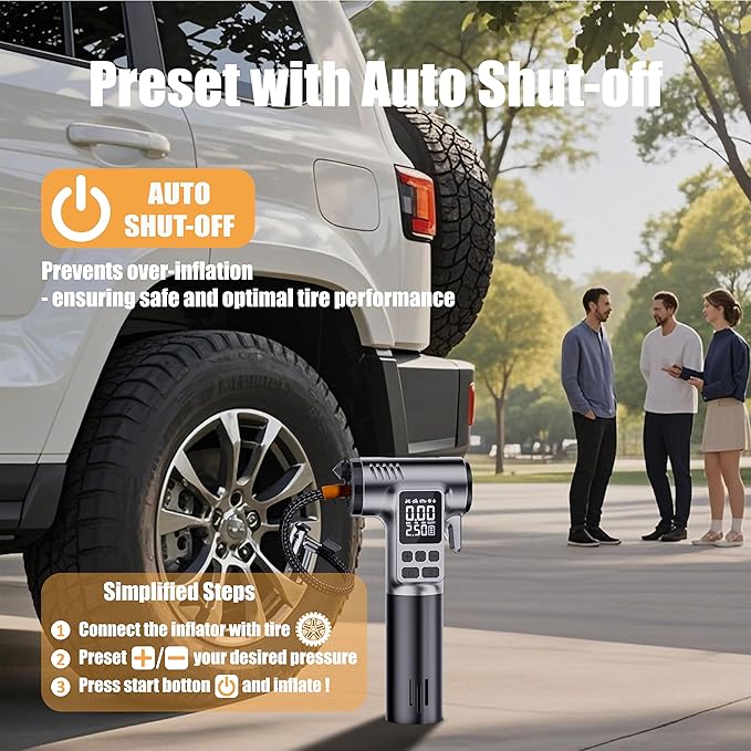 Tire Inflator Portable Air Compressor, 150PSI Pump with Digital Pressure Gauge & Auto Shut-Off for Car/Bike/Motorcycle Tires&Ball, with LED Light, Safety Hammer & Seatbelt Cutter Function