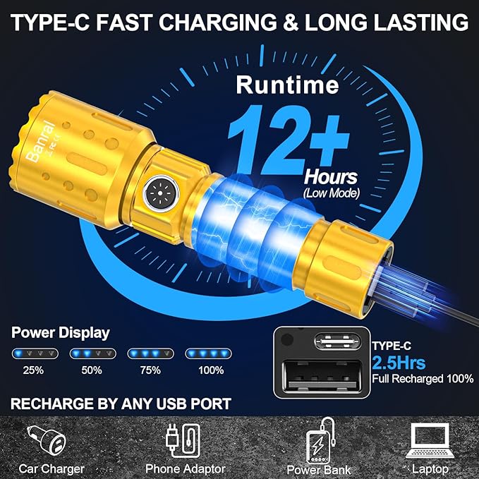 Banral Flashlights High Lumens Rechargeable, Super Bright Long Range Small Powerful Flashlight, 6 Modes LED Tactical Pocket Waterproof Flash Light for Home Emergency (2, Yellow Gold)