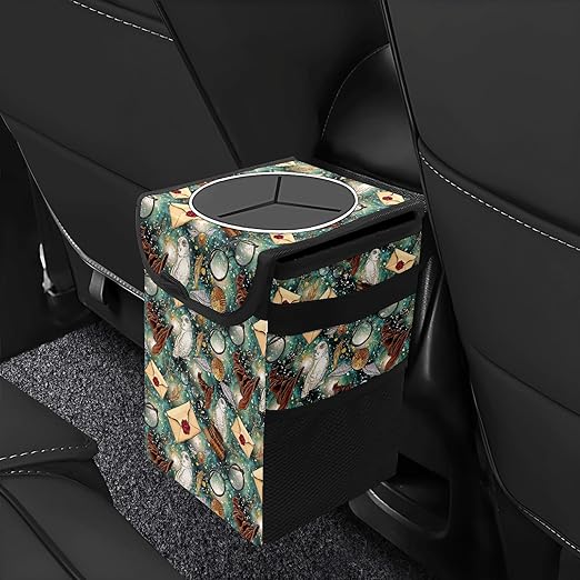 Halloween Wizard Owl Magic Car Trash Can with Lid Collapsible Reusable Waterproof Car Garage Bag,Automotive Garbage Can,Car Accessories Interior Car Organizer