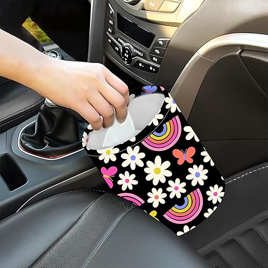 Car Trash Bag Rainbow and Flowers Waterproof Trash Small Car Can Portable Collapsible Car Garbage Can Hanging for Back Seat Floor or Hanging Headrest Car Decor Road Trip Essentials