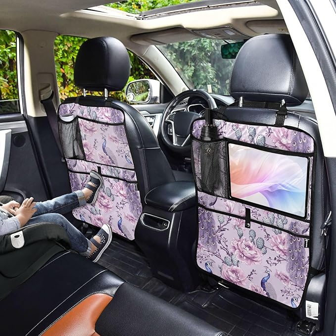 Purple Peacock and Cactus 01 2 Pack Backseat Car Organizer with Storage Pockets Seat Back Organizers for Kids Kick Mats Backseat Protector Automotive