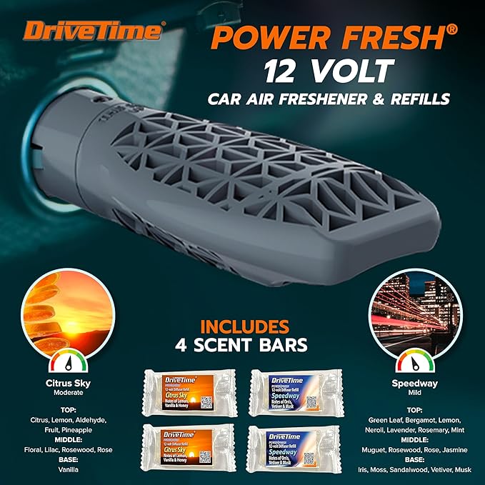 Drive Time Power Fresh Refillable Car Air Freshener – 12V Plug-In Reusable Car Scents Air Enhancer with Long-Lasting Scent Up to 30 Days – Includes 4 Scent Bars – Compact Design - Silver