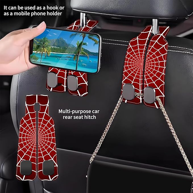 1 Pack Purse Hook for Car Red and White Spider Web Headrest Back Seat Hook Premium Leather Double Metal Hanger Storage Pack Bag Purse Holder Car Accessories