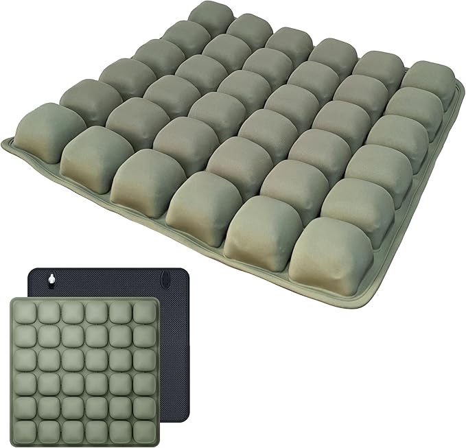 Inflatable 3D Travel Cushion for Airplane, Tailbone Pain Relief Seat Pad with Ergonomic Support, Anti-Slip Bottom, Built-in Pump & Carry Bag for Travel/Office/Car – 36 Air Cells, Green