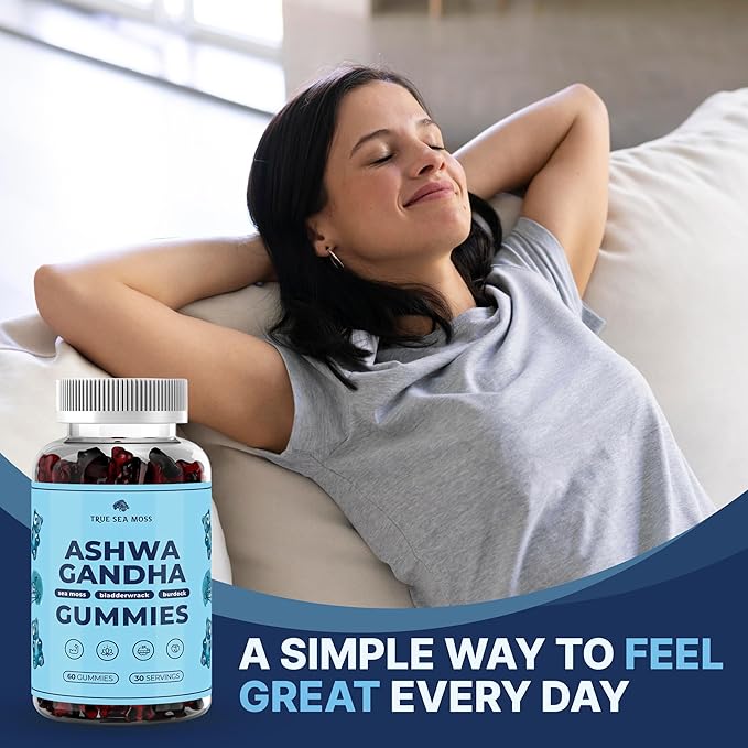 TrueSeaMoss Sea Moss Gummies with Ashwagandha, Burdock Root & Bladderwrack – for Adults & Kids 4+, Fruity Flavor – 60 Gummies