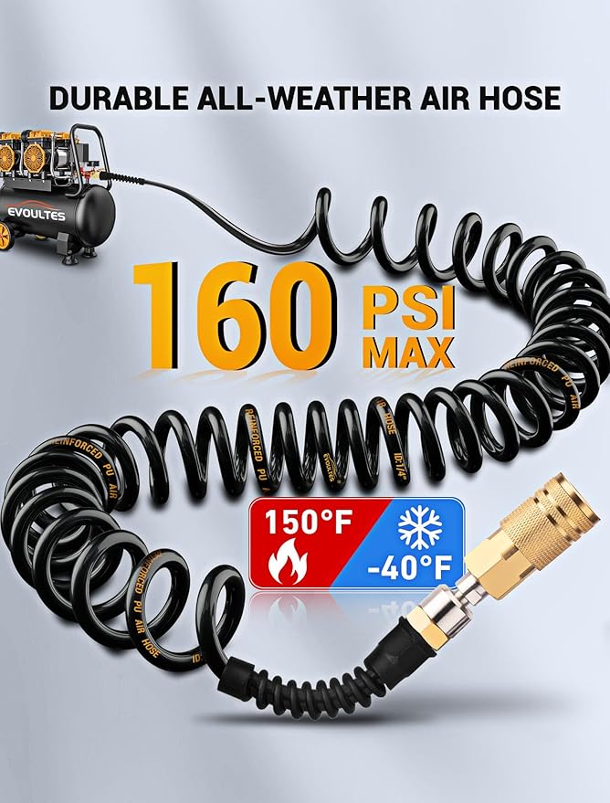 1/4 In x 28 Ft Polyurethane Recoil Air Hose, Upgraded Air Compressor Hose with Repairable Bend Restrictor, Air Hose kit w/ 360° Swivel 1/4" NPT Coupler & Brass Quick Connect Air Fittings