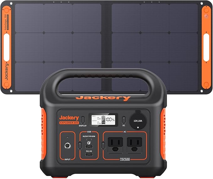 Jackery Solar Generator 300, 293Wh Backup Lithium Battery with 1XSolar Panel SolarSaga 100W, 110V/300W Pure Sine Wave AC Outlet for RV Outdoors Camping Travel Blackout