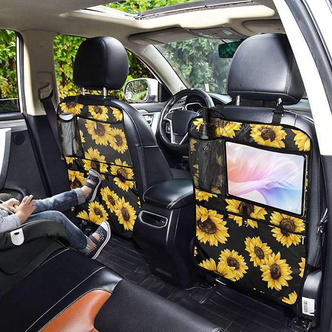 2 Pack Backseat Car Organizer with Storage Pockets Seat Back Organizers for Kids Kick Mats Backseat Protector Automotive Sunflower