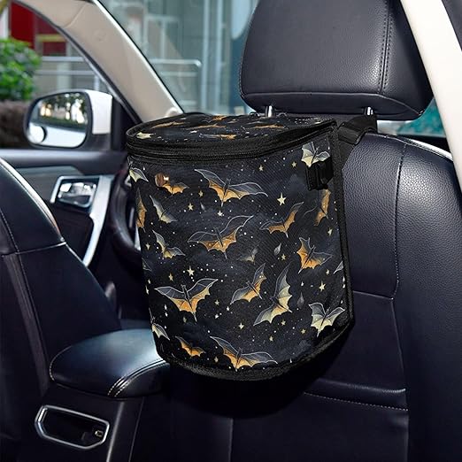 MNSRUU Car Trash Can with Lid, Gothic Skull Bat Car Trash Bag Hanging Organizers and Storage for Front Back Seat, Leak-Proof Trash Bin
