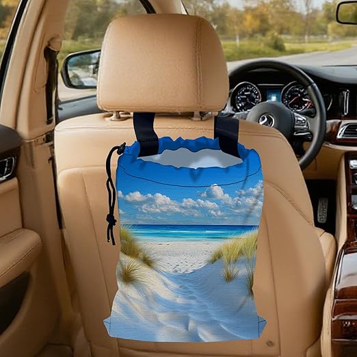 Summer Beach Car Garbage Bag, Compact 5.1L Canvas Trash Can with Drawstring Closure, Perfect for Cars, SUVs, RVs, and More