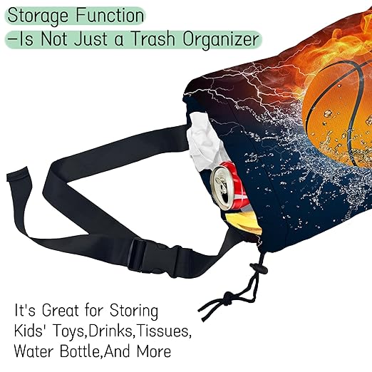 Basketball Car Trash Bag,Fire Ball Hanging Drawstring Car Garbage Bag,Waterproof Canvas Car Back Seat Organizer with Adjustable Buckle,for Vehicles,SUVs,Camping,Road Trips