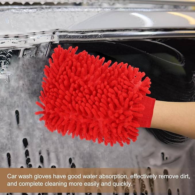 HARFINGTON Chenille Microfiber Car Wash Mitts 9.8" x 7.9" Scratch Free Wash Gloves Absorbent Double Sided Plush Cleaning Drying Mitts for Car Washing Home Green