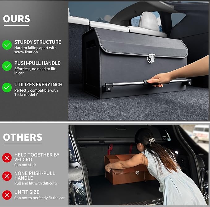 Car Trunk Organizer, Push-pull Handle, Leather Collapsible 2 Compartments Car Organizers with Lid, Car Trunk Storage Organizer, Suitable for All Kinds of Cars, SUV, Minivan (Large, Black)