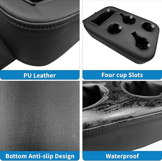 Xaido Car Back Seat Cup Holder, PU Leather Couch Sofa Bed Cup Holder Expander Tray, Boat Tray, Organizer for Trucks, Minivans, SUVs, RVs, Vehicles, Holds Drinks, Snacks, Cell Mobile Phone
