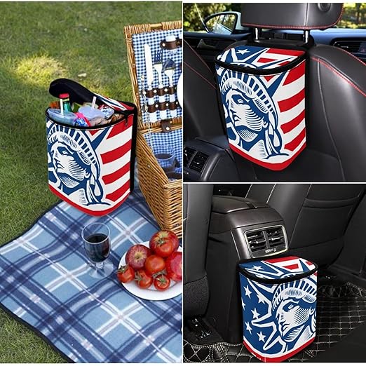 1.2 Gallons Car Garbage Can, Statue of Liberty Car Trash Can Front Seat, Adjustable Hanging for Tail of Console/Back of Seat, Odor-Free with Zipper Leak-Proof Design, Mini Size for Convenience