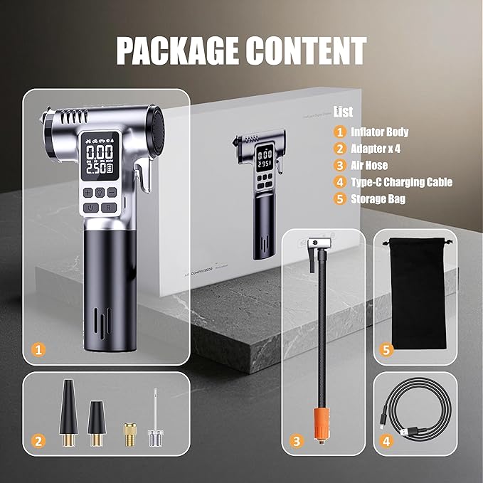 Tire Inflator Portable Air Compressor, Digital Pressure Gauge & Auto Shut-Off, Portable emergency tool as LED light, safety hammer & seatbelt cutter, for Car, Bike, Ball, Motor