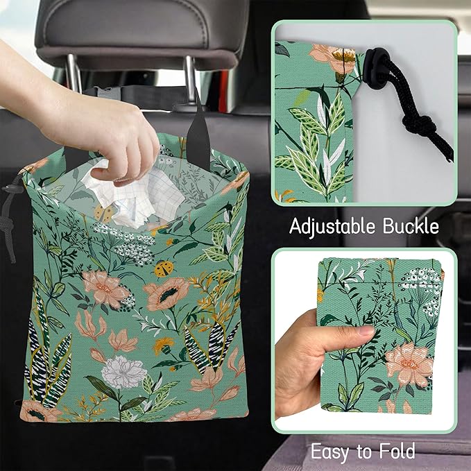 Blooming Flower Car Trash Bag,Garden Floral Hanging Drawstring Car Garbage Bag,Waterproof Canvas Car Back Seat Organizer with Adjustable Buckle,for Vehicles,SUVs,Camping,Road Trips