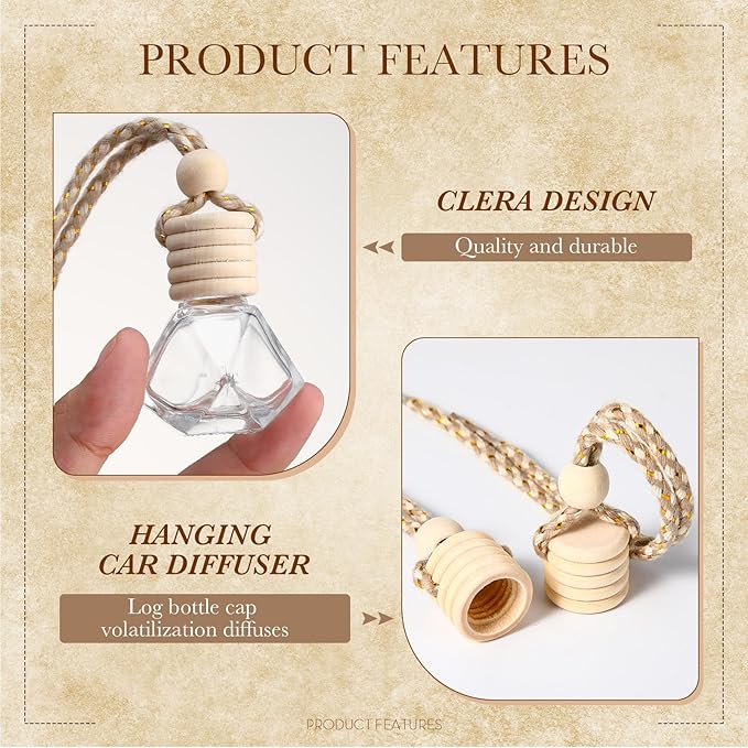 Zubebe 300 Pcs 8ml Hanging Air Freshener Diffuser Bottle Bulk Empty Glass Perfume Bottles Refillable Aromatherapy Essential Oils Pendant for Auto Interior Ornaments