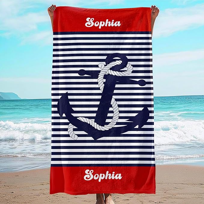 JML Personalized Beach Towel with Name, Custom Anchor Beach Towel, Customized Microfiber Pool Towel, Quick Dry & Absorbent Swim Towel for Adult,Anniversary, Birthday, Summer Holiday,Vacation