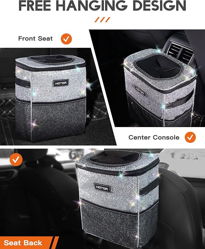 HOTOR Car Trash Can with Lid and Storage Pockets - 100% Leak-Proof Organizer, Waterproof Garbage Can, Multipurpose Trash Bin for Car, 2 Gallons, Sparkle White