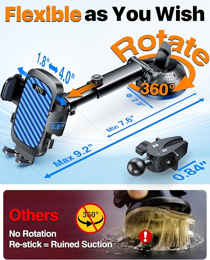 2026 Ultimate Best【True Military-Grade & Safety Cert】Car Phone Holder HTU【Upgraded 5-in-1 & 100+LBS Strongest Suction】360 Rotation Truck Windshield Dashboard Vent Mount Stand for iPhone Android, Blue