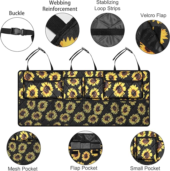 Femuar Car Trunk Organizer,Large Capacity Backseat Organizer(42 in*18 in),Collapsible Storage Bag with 8 Pocekt,Car Organizer for SUV/MPV/Truck - Sunflower TLAG-0114