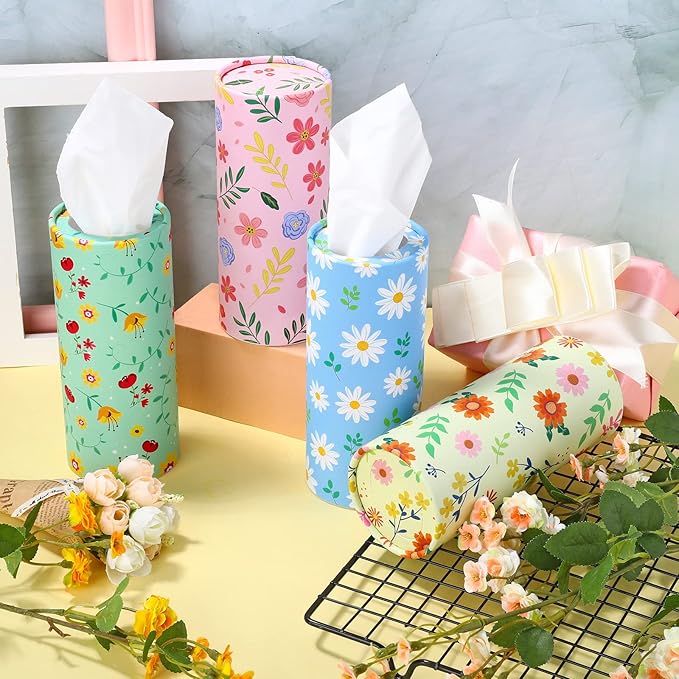 12 Pieces Spring Flowers Car Tissues Box Spring Floral Car Tissue Cylinder in 4 Design Refill Round Tissue Holder with Facial Tissues for Wedding Birthday Party Cup Holder Travel Home