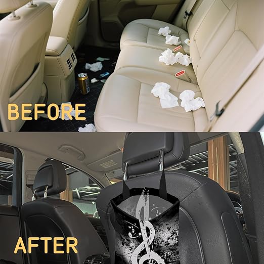 Vintage Musical Notes Car Trash Bag, Hanging Drawstring Car Garbage Bag,Canvas Car Back Seat Organizer with Adjustable Buckle for Men and Women