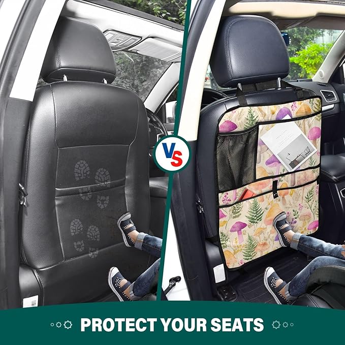 1 Pack Back Seat Car Organizer with Storage Pockets Kick Mats Back Seat Protector Hanging Car Organizer Automotive Seat Back Cover Organizers Mushroom Colorful Pattern