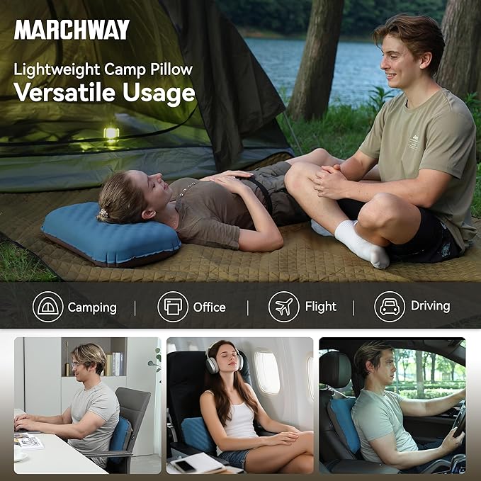 MARCHWAY Inflatable Camping Pillow with Soft Foam Top & TPU Air Bladder, Dual-Sided Support for All-Season, Lightweight Compact Travel Pillow for Hiking, Backpacking, Airplane, Car (Blue)