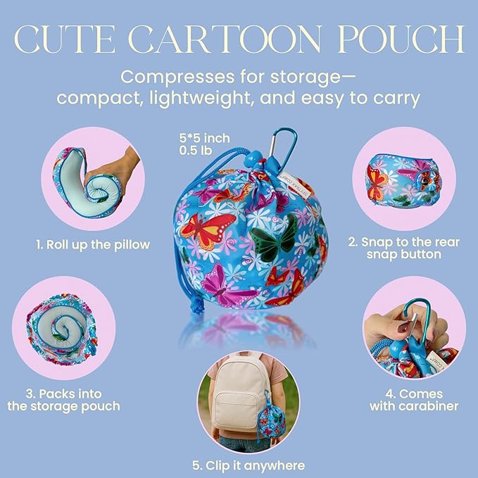 SKYTRAX® Certified Kids Safe Memory Foam Travel Neck Pillow for Kids and Toddlers, Cute Cartoon Design, Car Seat & Airplane Head Neck Support, Adjustable Snap Button, Washable Soft Cover (Butterfly)