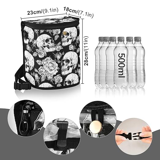 MNSRUU Car Trash Can with Lid, Gothic Skulls and Flowers Car Trash Bag Hanging Organizers and Storage for Front Back Seat, Leak-Proof Trash Bin