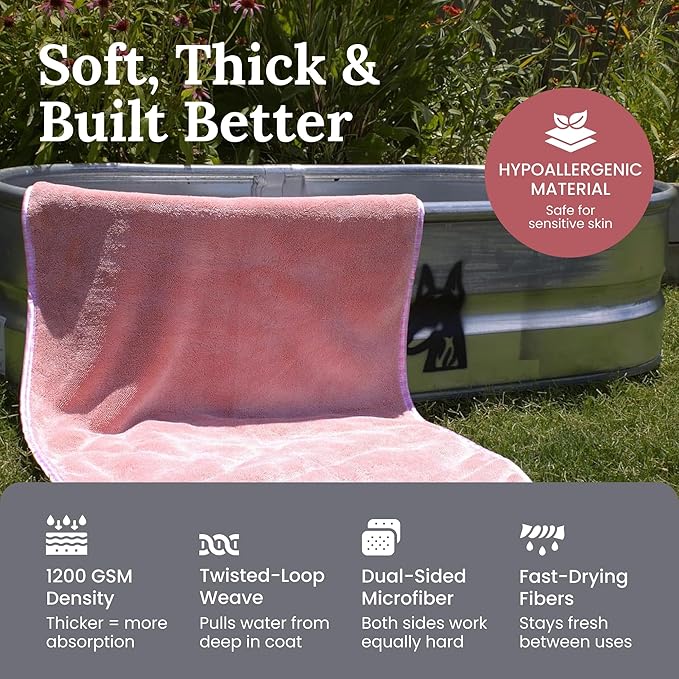 Premium Drying Towel – Large 24x35" Super Absorbent Microfiber Dog Bath Towel – Quick Dry, Soft & Durable Dog Towel for Drying Dogs – 1200 GSM Pink for Beach, Camping & Travel