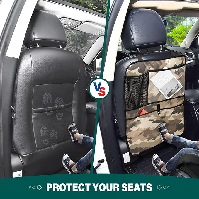 1 Pack Back Seat Car Organizer with Storage Pockets Kick Mats Back Seat Protector Hanging Car Organizer Automotive Seat Back Cover Organizers Brown Military Camouflage
