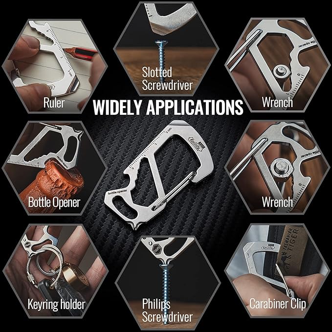 KeyUnity KS00 Carabiner Clip Multitool Stainless Steel 7 Tools in 1, Quick Release Clasp, Wrench, Cross Screwdriver, Slotted Screwdriver, Bottle Opener, Ruler, Key Holder (Silver)