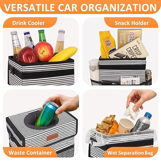 Car Trash Can for Car Cute, Bag Bin Hanging Waterproof Automotive Garbage Cans Leak Proof Vehicle Trash Can Stripe