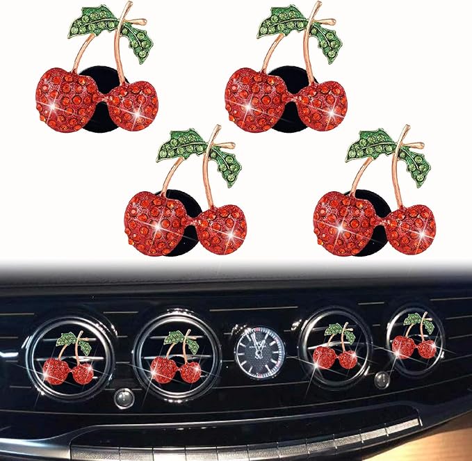 4 Pcs Cherry Decor Air Vent Clips Car Accessories,Stylish Fresheners Automotive Accessories for Women Interior Upgrade,Cherry Rhinestone Clip Bling Cute Car Interior Decoration for Women Decor