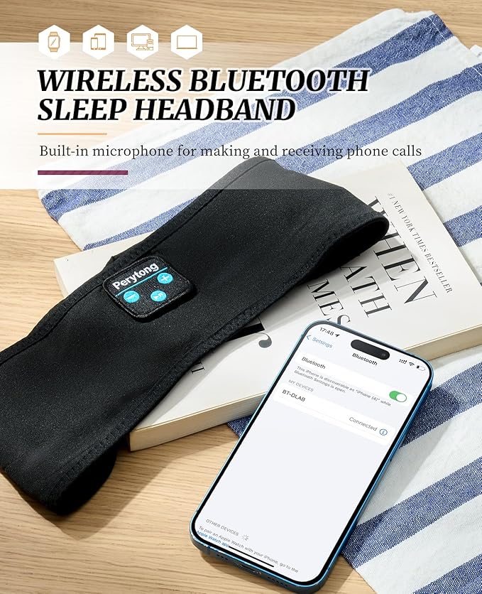 Perytong Sleep Headphones Wireless, Bluetooth Sports Headband Headphones with Ultra-Thin HD Stereo Speakers Perfect for Sleeping,Workout,Jogging,Yoga,Insomnia, Air Travel, Meditation (DeepBlack)