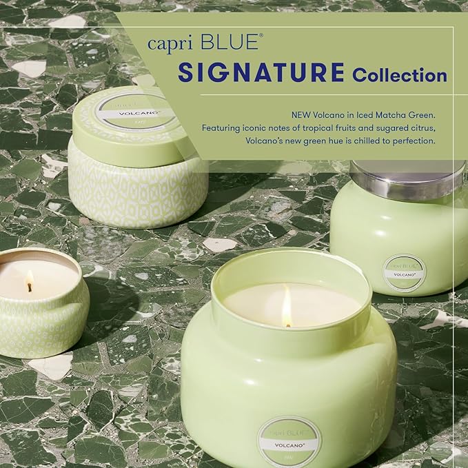 Capri Blue Volcano Scented Candles - Printed Travel Tin - Blended Soy Candles for Home Scented with Tropical Fruits & Sugared Citrus - Spring Home Decor (Iced Matcha Green Color, 8.5 oz)