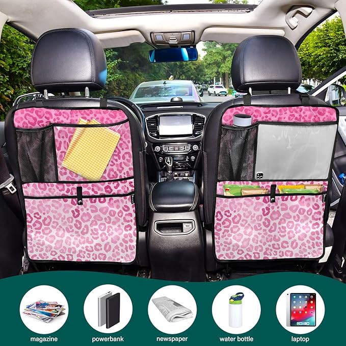 1 Pack Back Seat Car Organizer with Storage Pockets Kick Mats Back Seat Protector Hanging Car Organizer Automotive Seat Back Cover Organizers Gradient Pink Leopard Print