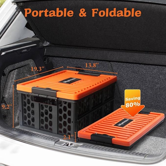 Mymazn Trunk Organizer Plastic for Car, Crate Storage Collapsible Car Organizer for SUV, Groceries, Camping | with Lid, Waterproof Bag, Optional Insulated Cooler(Orange)