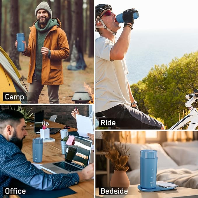 Temperature Control Heated Coffee Mug Smart Self Heating Travel Mug 12 Oz App Controlled Warmer Mug 4-10 Hour LED Display Keep Coffee Hot Fast Wireless Charger Base Lake Blue