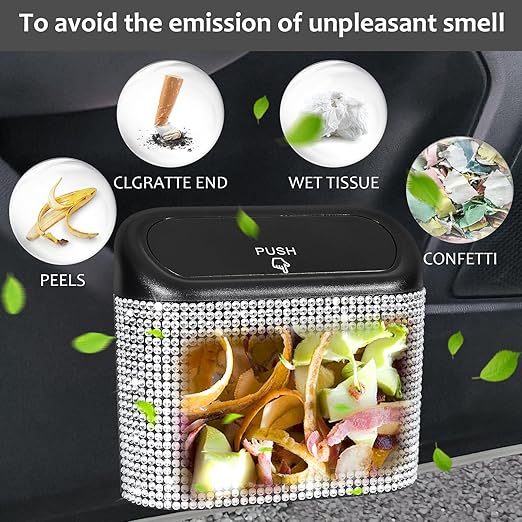 Accmor Bling Car Trash Can with Lid, Mini Auto Garbage Storage Bin with 60pcs Garbage Bags, Sparkling Crystal Trash Bags Holder Dustbin Vehicle Accessories Container Organizer (White Rhinestone)