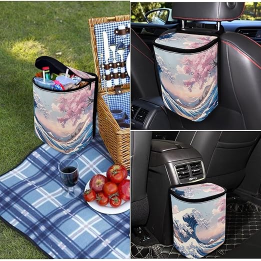 1.2 Gallons Car Trash Can, Ukiyo-e Print Car Garbage Can for Back Seat, Leak-Proof Zipper Seal, Durable Polyester Material Washable, Ideal for Car Interior & SUV - Auto Garbage Solution