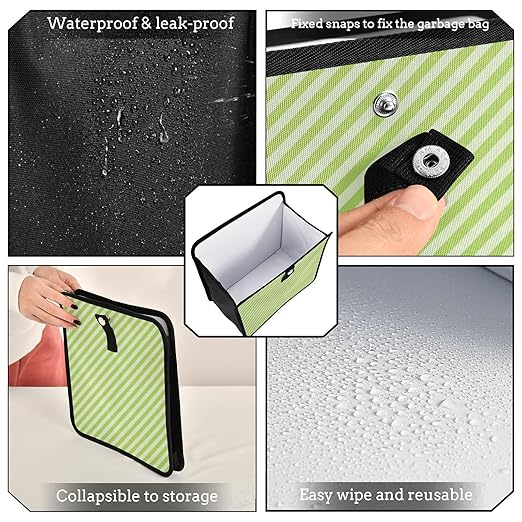 Green Stripes Car Trash Can Foldable Hanging Waterproof Small Automotive Garbage Cans Trash Bin Storage Bag Car Dustbin Organizer Accessories Small 8.66x8.66x5.9