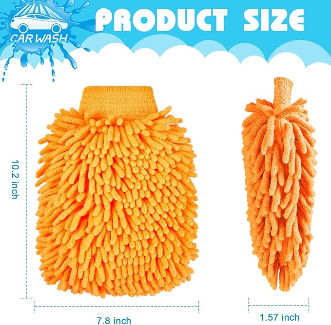 Toulite 16 Pcs Car Wash Mitt Chenille Microfiber Wash Mitt Double Sided Glove Cleaning Drying Mitts (7.48 x 10.24 Inch,Orange)