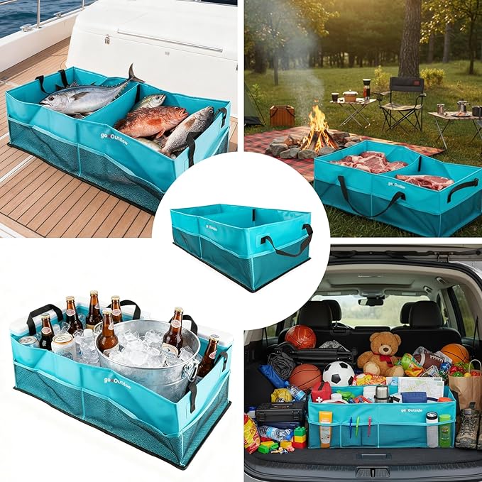 Collapsible Waterproof Car Trunk Organizer, Soft PVC Storage Bin with Rugged PVC-Coated Fabric for SUV & Truck (Aqua Blue, PLUS)