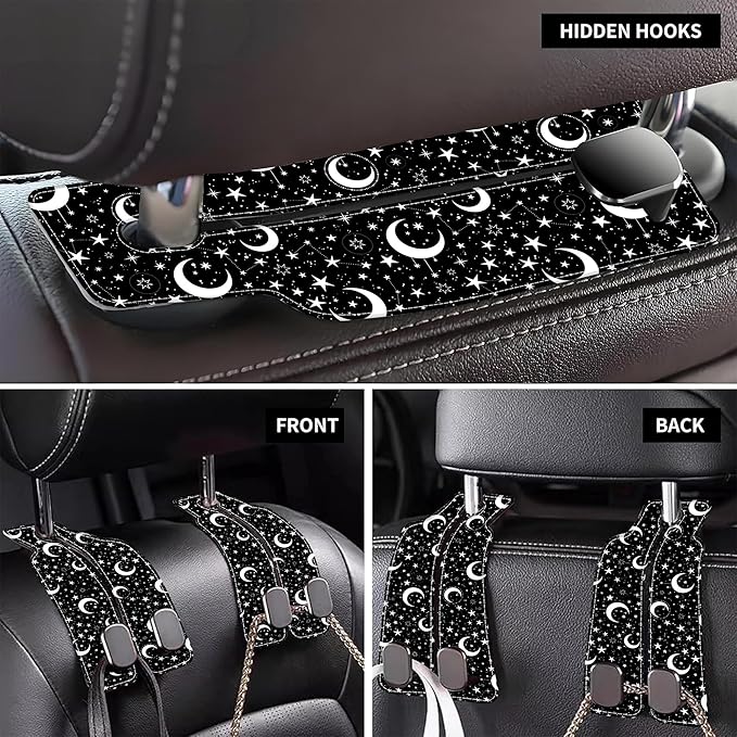 1 Pack Car Seat Headrest Hooks for Purses and Bags White Stars and Moons Bag Purse Holder for Car with Double Metal Hooks Car Purse Hanger Hanging Accessories